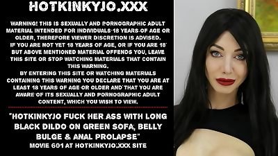 Hotkinkyjo pound her ass with long black dildo on green sofa, belly bulge & ass fucking mini-rosebud