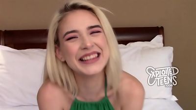 lean platinum-blonde inexperienced teen salivates on a big sausage