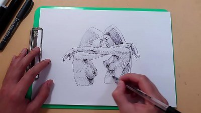 2 jaw-dropping super-sexy girls, a prompt sketch with a ballpoint pen