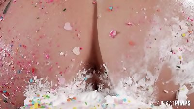 thick jug babe Maddy May Sits On Her birthday Cake And Plays With Her handles Before masturbating With Her hitachi