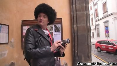 furry brunette granny takes 2 sausages