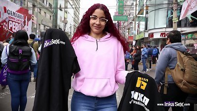 Redheaded polo shirt saleswoman caught on the streets of Gamarra-Lima, ends up being impregnated by senior stranger