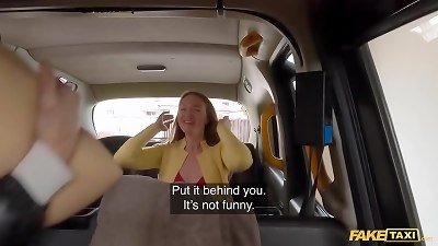 fake taxi brown-haired babe finds a rubber cootchie and offers up her real cunt for free