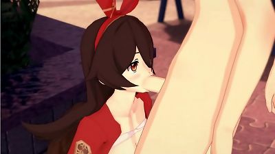 Genshin impact - Amber gives a blowjob, jizz flow to the face.