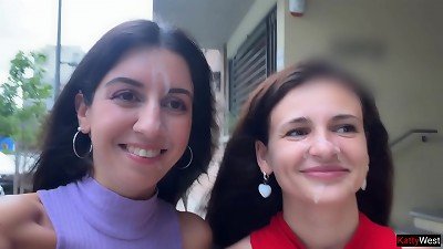 promiscuous Neighbors Ask for cum on Their cute Faces for Public Cumwalk