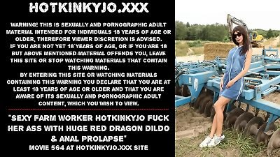 gorgeous farm worker Hotkinkyjo bang her butt with enormous red Dragon dildo & anal prolapse